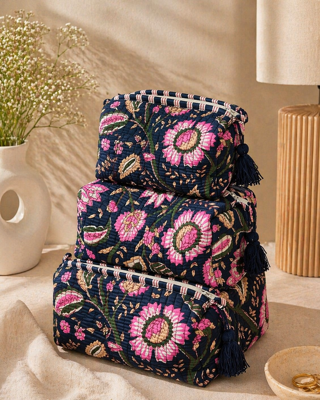 Midnight Bloom Velvet Travel Pouches Set (Set of 3)