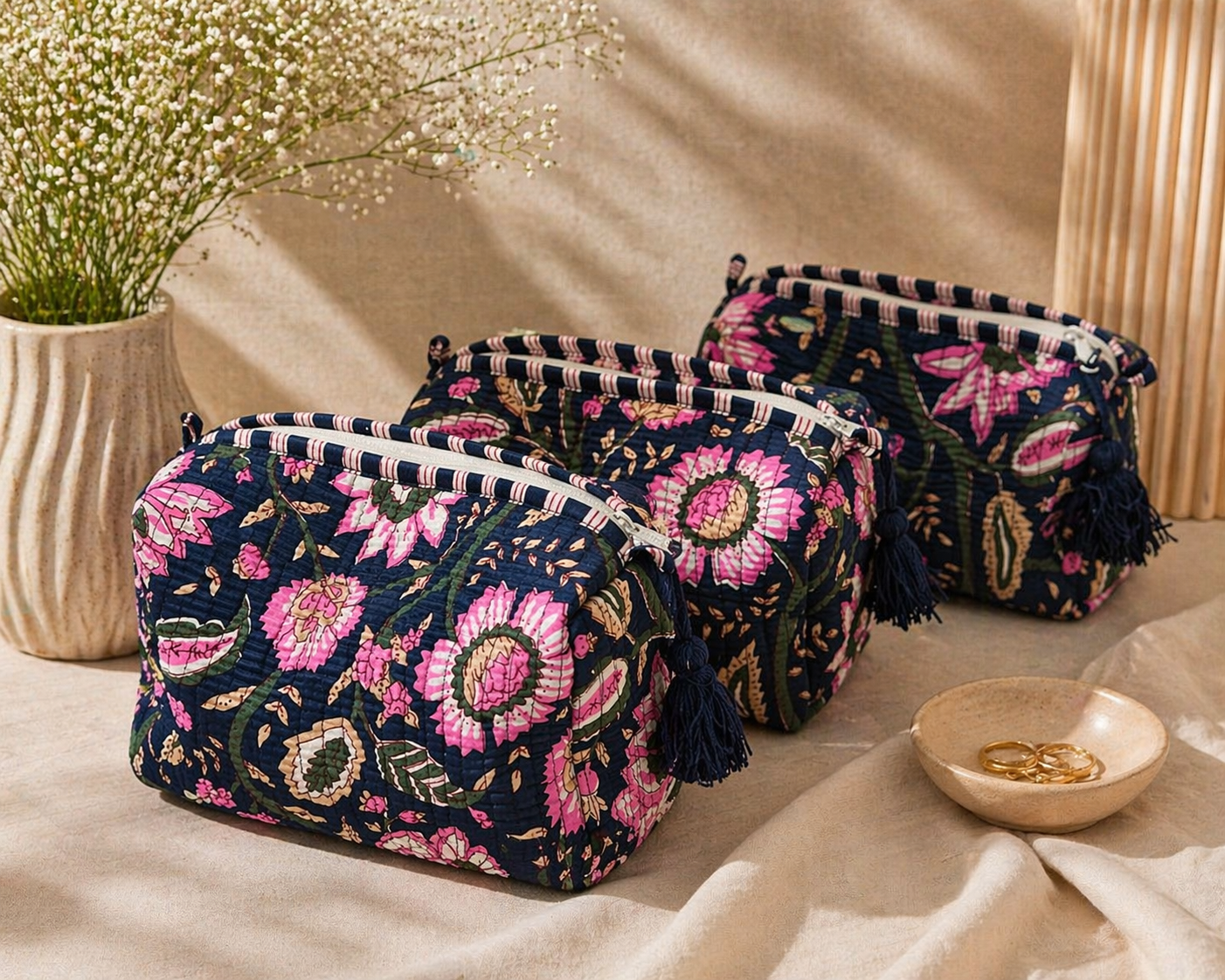 Midnight Bloom Velvet Travel Pouches Set (Set of 3)