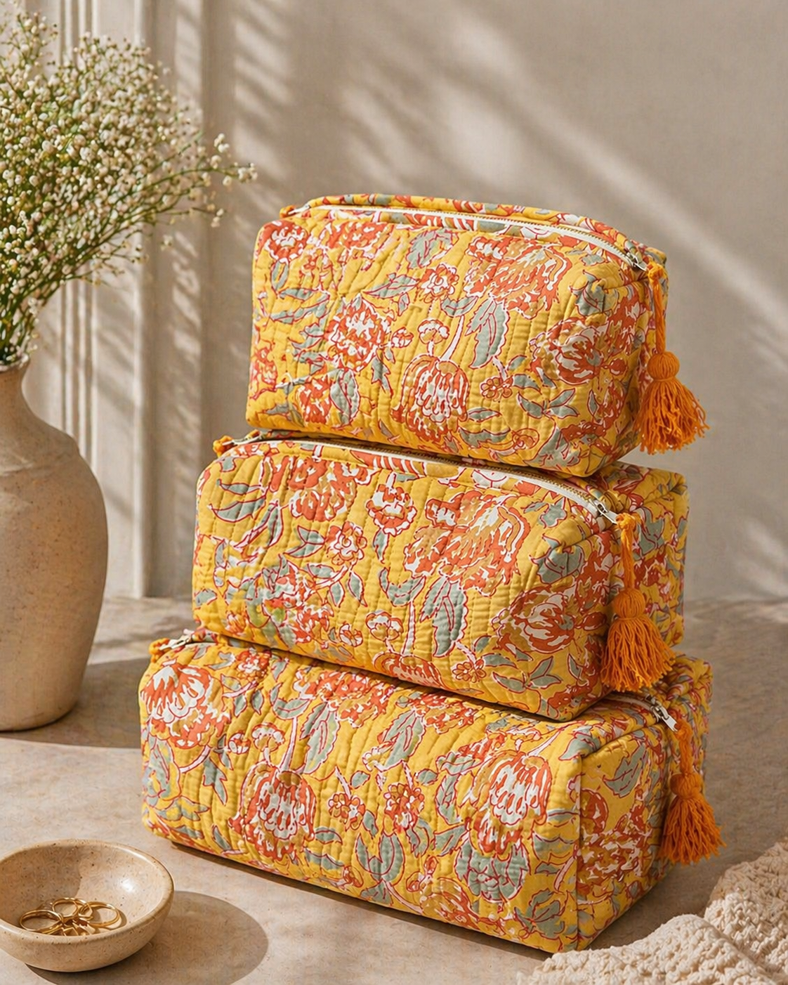 Sunflower Bloom Velvet Travel Pouches Set (Set of 3)