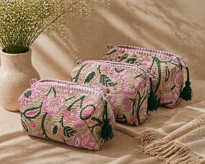 Blush Garden Velvet Travel Pouches Set (Set of 3)