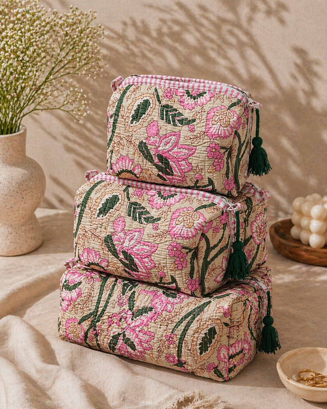 Blush Garden Velvet Travel Pouches Set (Set of 3)
