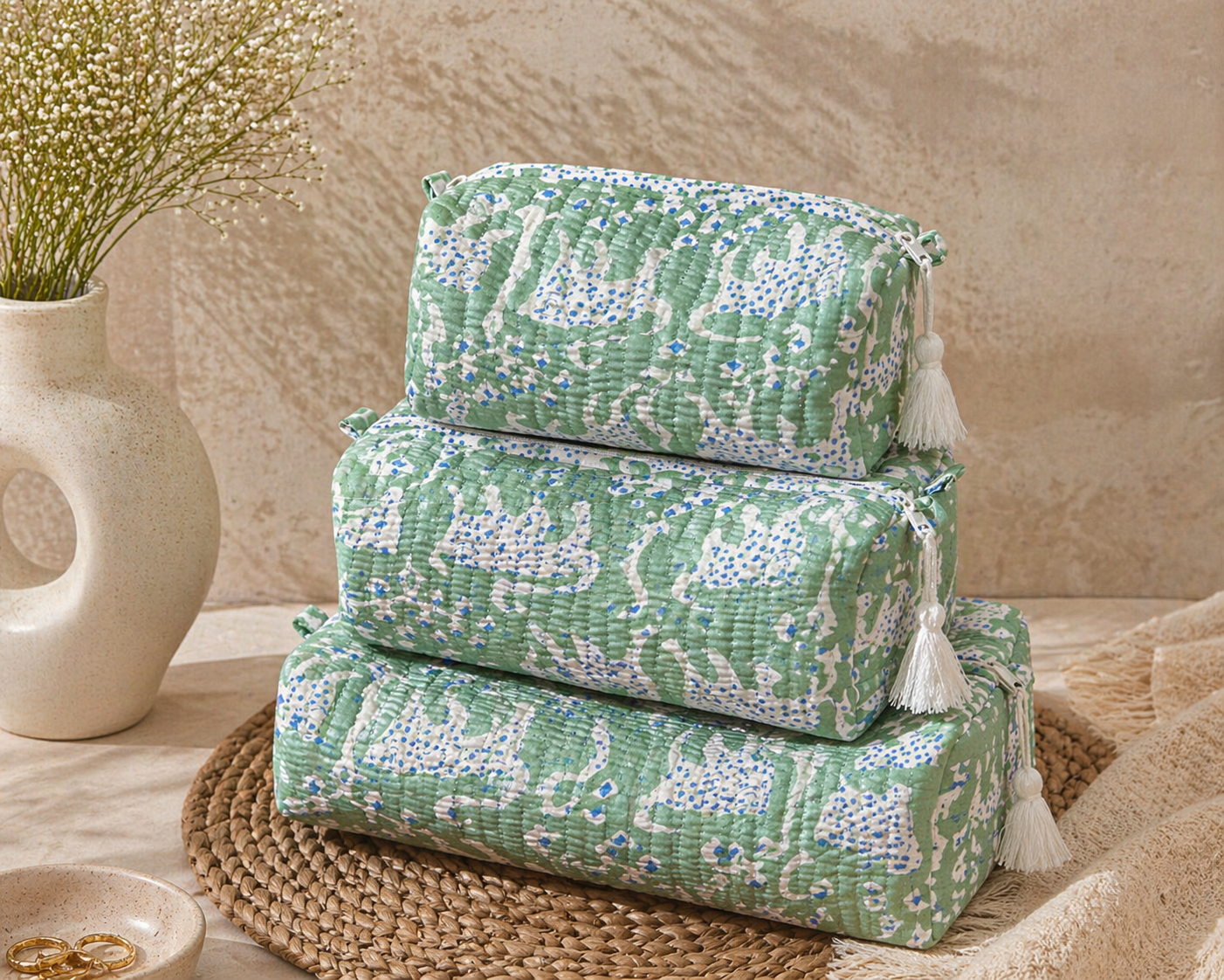 Meadow Mint Velvet Travel Pouches Set (Set of 3)