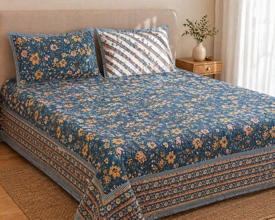 Deep teal Floral Bedsheet Super King Size