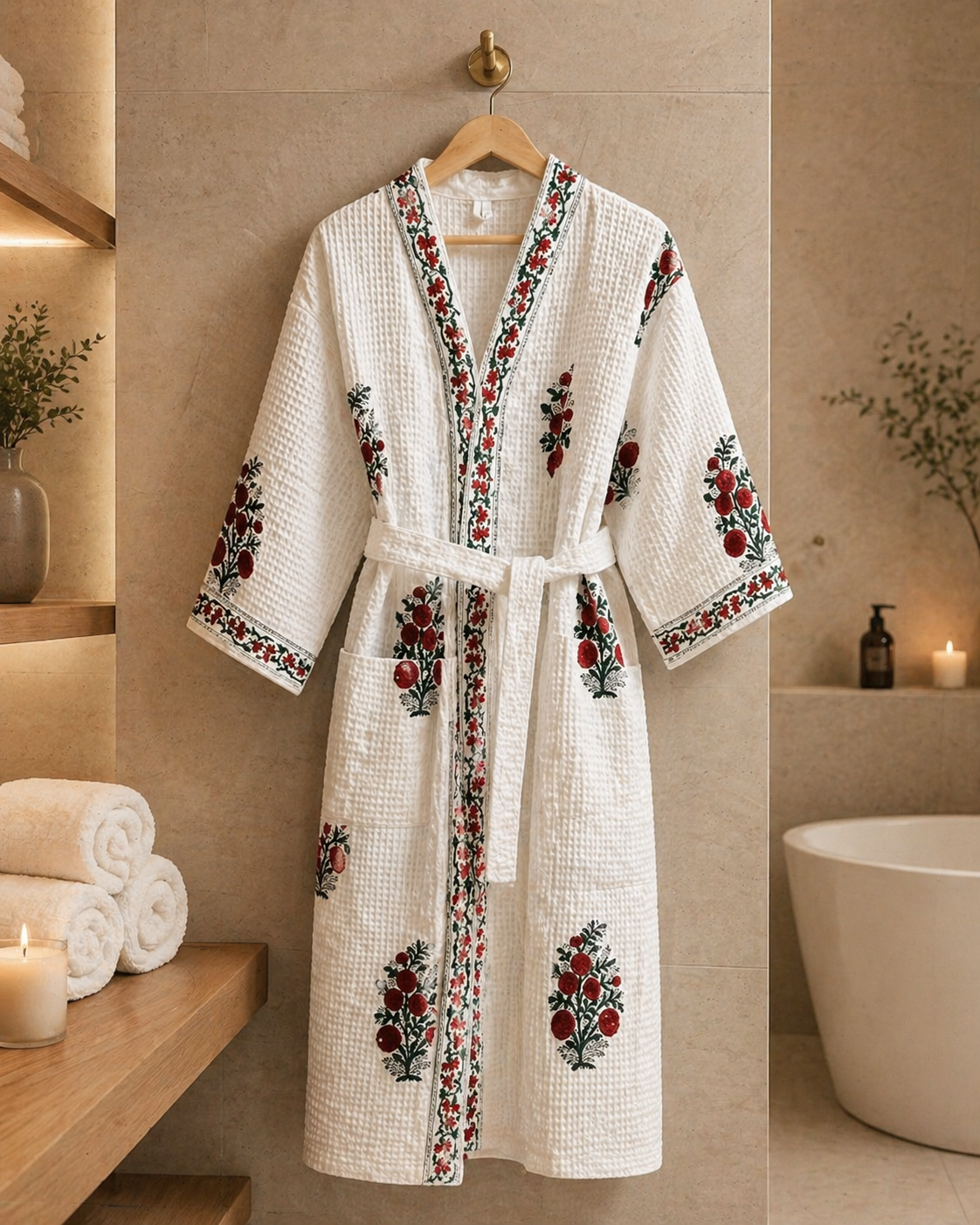 Crimson Bloom Waffle Cotton Bath Robe