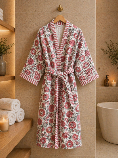 Rosé Garden Waffle Cotton Bath Robe