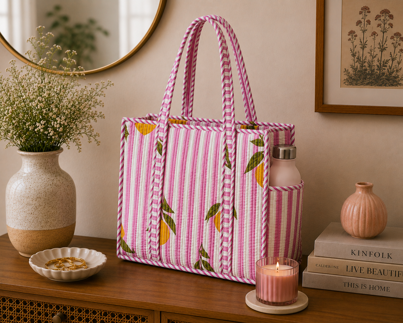 Lemon Blossom Quilted Medium Tote Bag,
