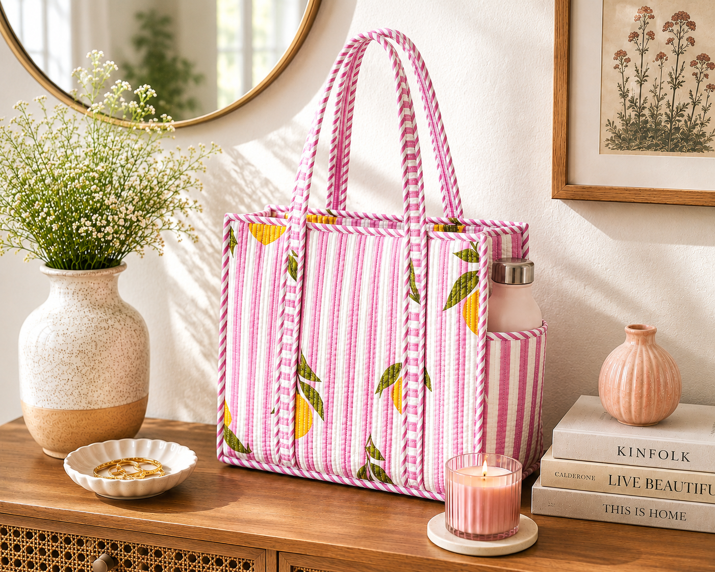 Lemon Blossom Quilted Medium Tote Bag,