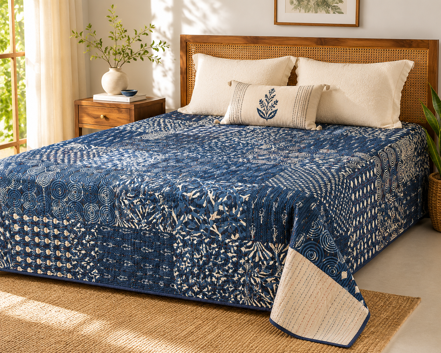 Indigo Mosaic Kantha Bed Cover