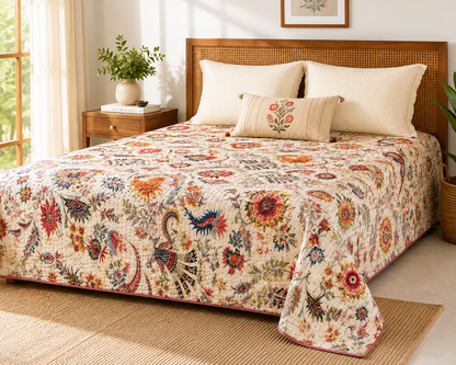 Botanical Bloom Kantha Bed Cover