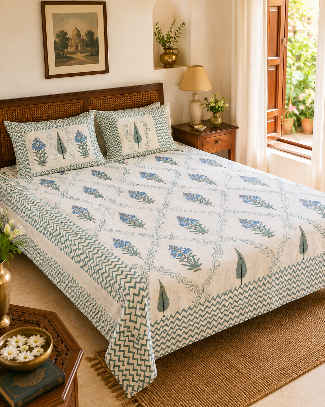Azure Meadow Blue Bedsheet Double bed