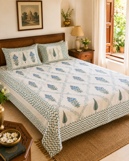 Azure Meadow Blue Bedsheet Double bed