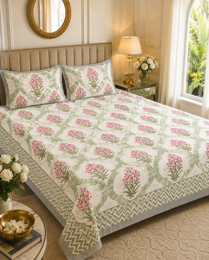 Flora Grace Hand blocked Bedsheet Double Bed Super King Size