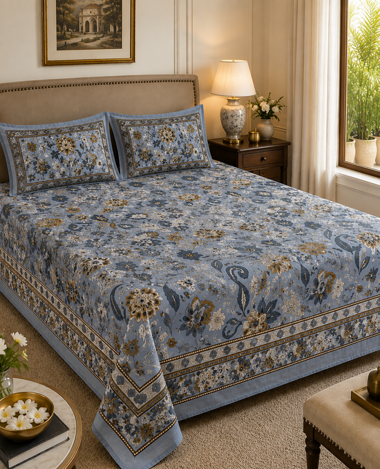 Flora Blue Meadow Hand blocked Bedsheet Double Bed