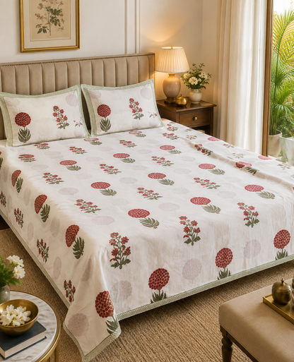 Crimson Bloom Hand blocked Bedsheet Double Bed Super King Size