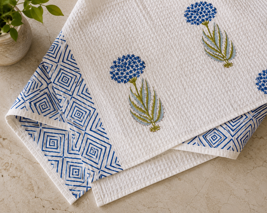 Blue Blossom Waffle Weave Bath Towel