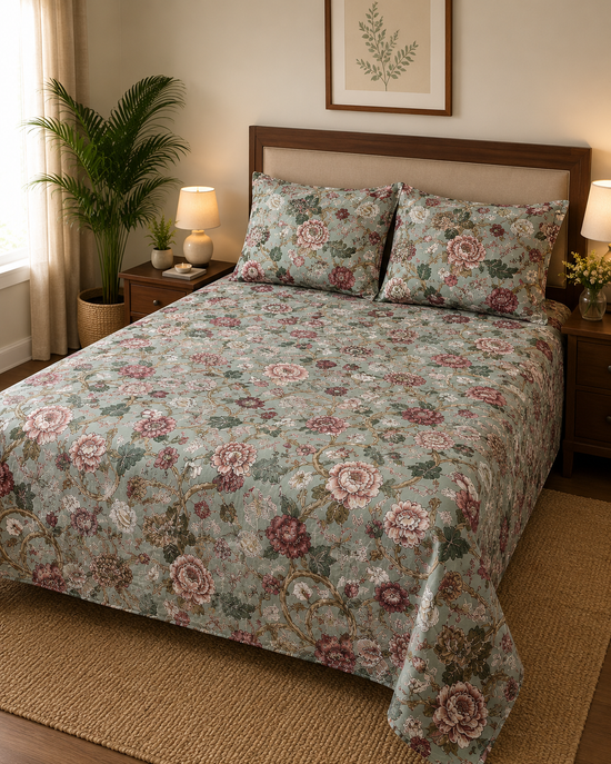 Cotton Bed sheet : Sky blue ( Quilted Pillow covers)