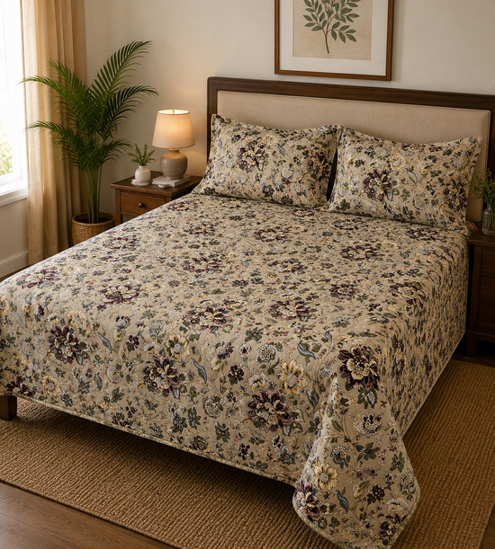 Cotton Bed sheet : Light beige with Pillow covers