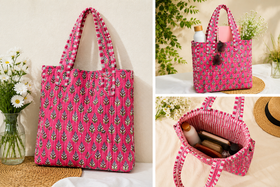 Pink Leaf Small Quilted Tote Bag
