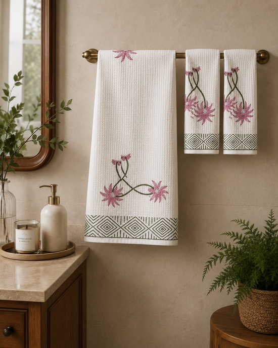 Pink Lotus  Waffle Towel Set