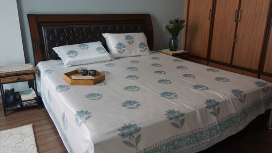 Glace Cotton Premium Bedsheet : Blue Pattern