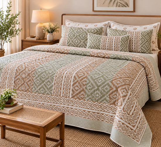 Earthy Sage & Tan Boho Bedcover