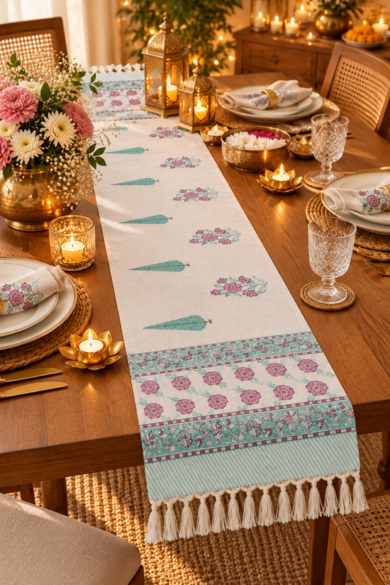 Gulabi Neel Bagh Floral Table Runner