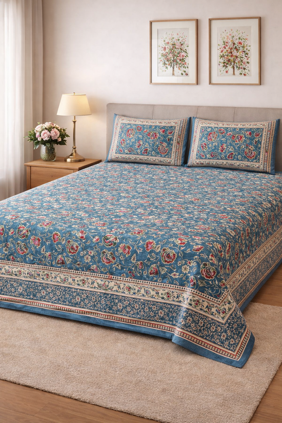 Teal & Ivory Floral Bedsheet