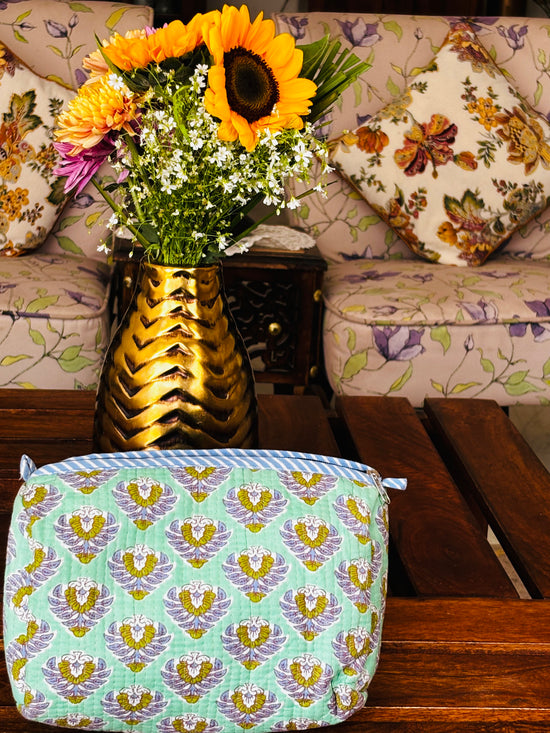 Travel Pouches- Sea Green with Floral Design