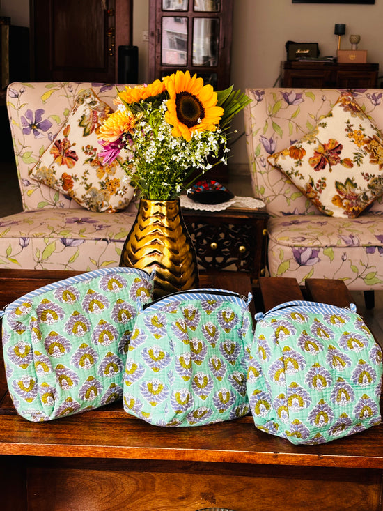 Travel Pouches- Sea Green with Floral Design