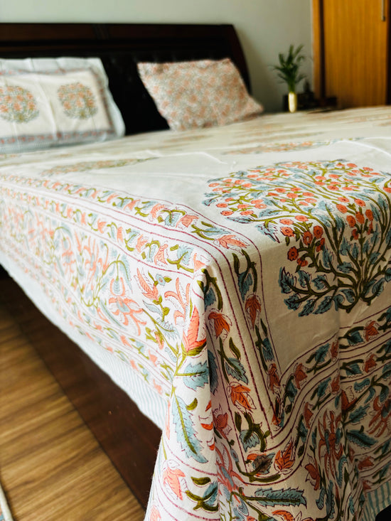 Double Bed Sheet : Muted Orange and Pastel Green with Floral Motifs