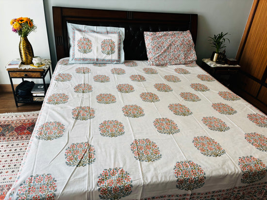 Double Bed Sheet : Muted Orange and Pastel Green with Floral Motifs