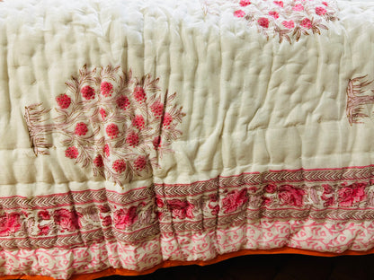 Floral quilt – White Base with Rust & Pink