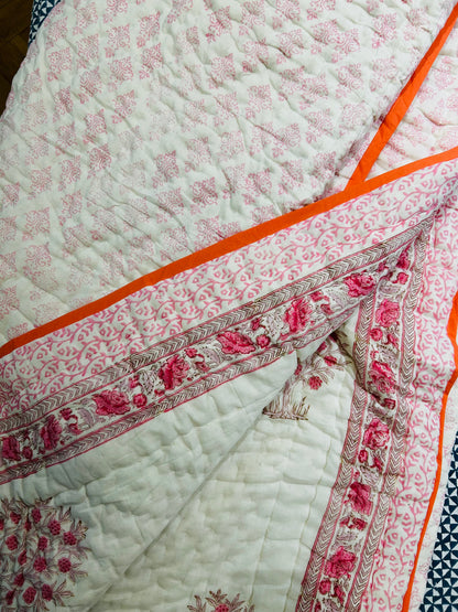 Floral quilt – White Base with Rust & Pink