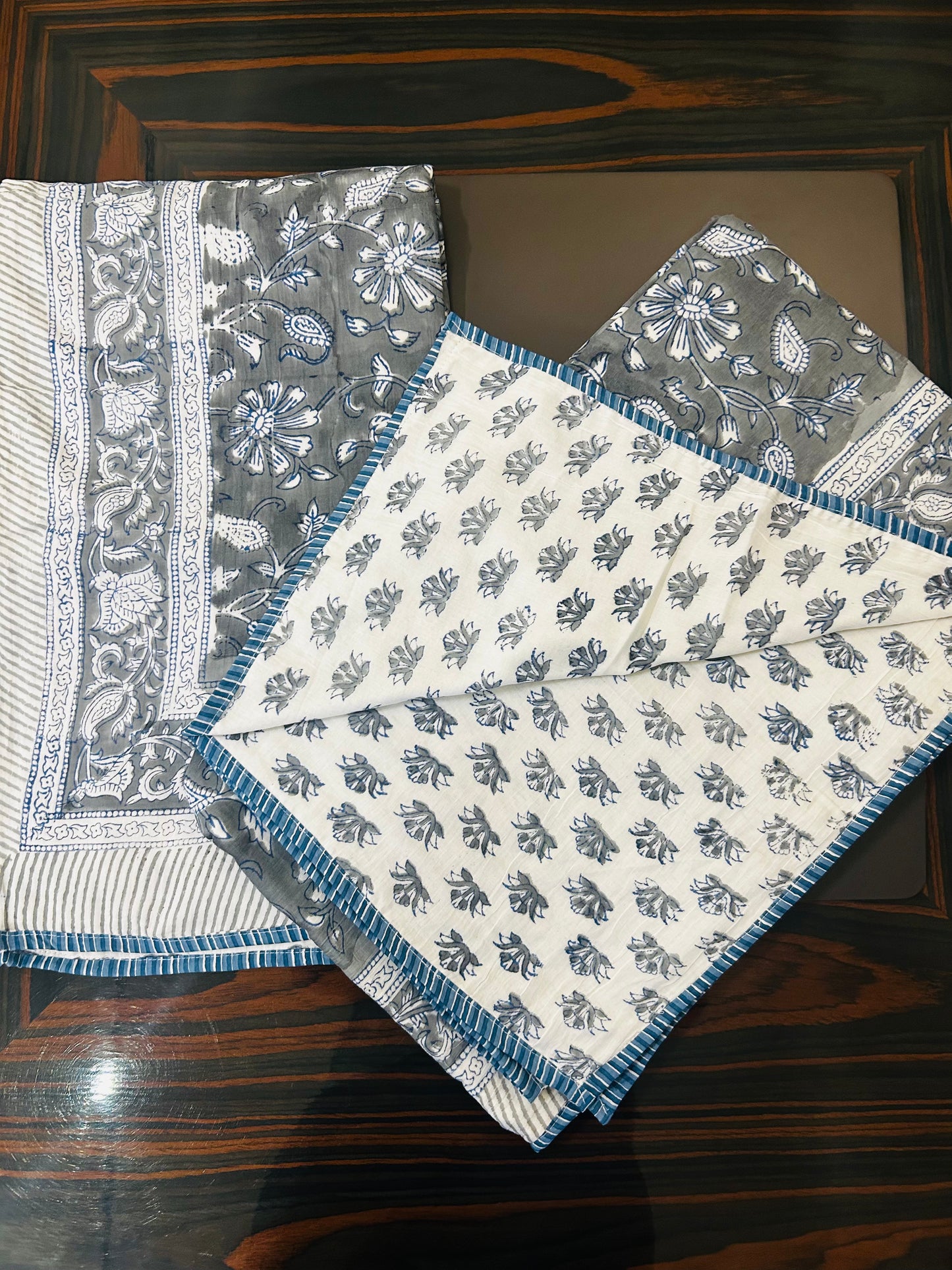 Indigo Grey Bloom  Reversible Dohar Set (Set of 2)
