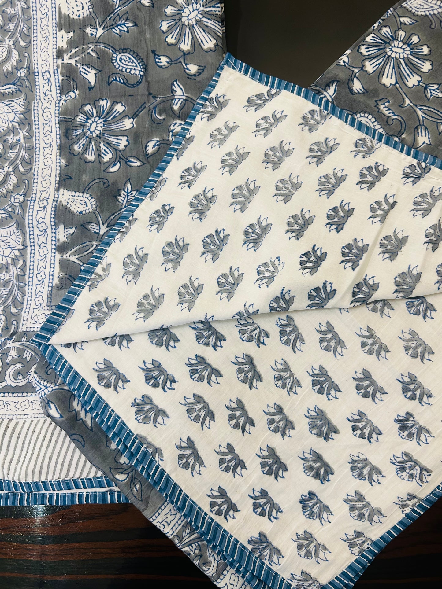 Indigo Grey Bloom  Reversible Dohar Set (Set of 2)