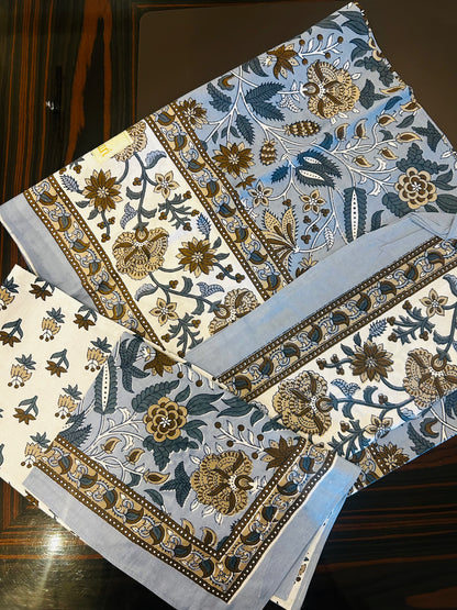 Flora Blue Meadow Hand blocked Bedsheet Double Bed