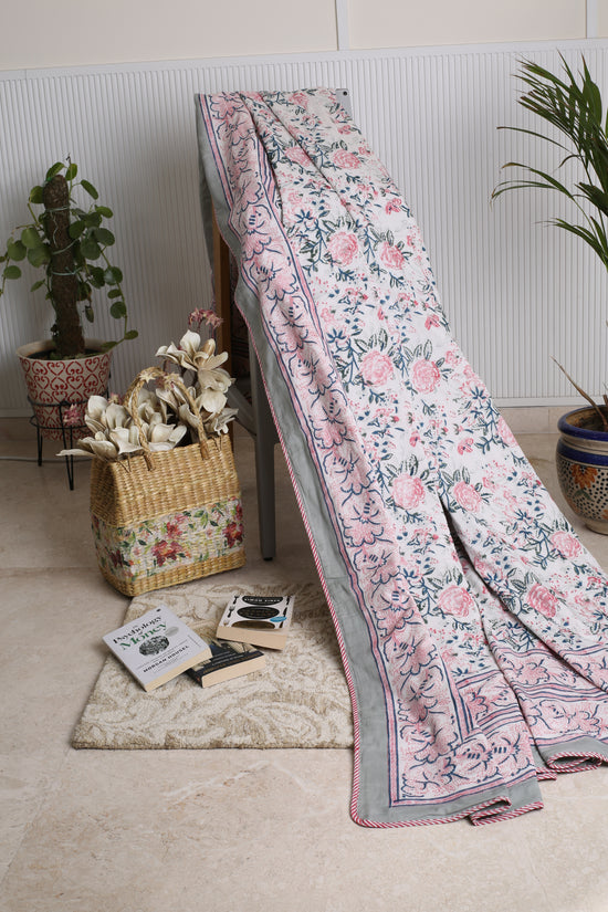 Pastel Grey & Pink floral Dohar (Double Bed)