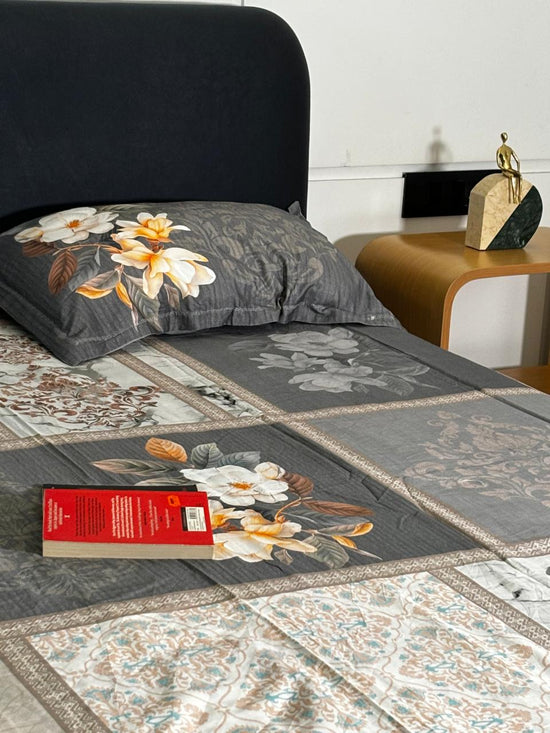 Double BedSheet : Nature Inspired in Soft Grey & Cream