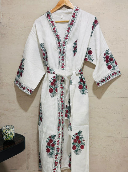 Crimson Bloom Waffle Cotton Bath Robe
