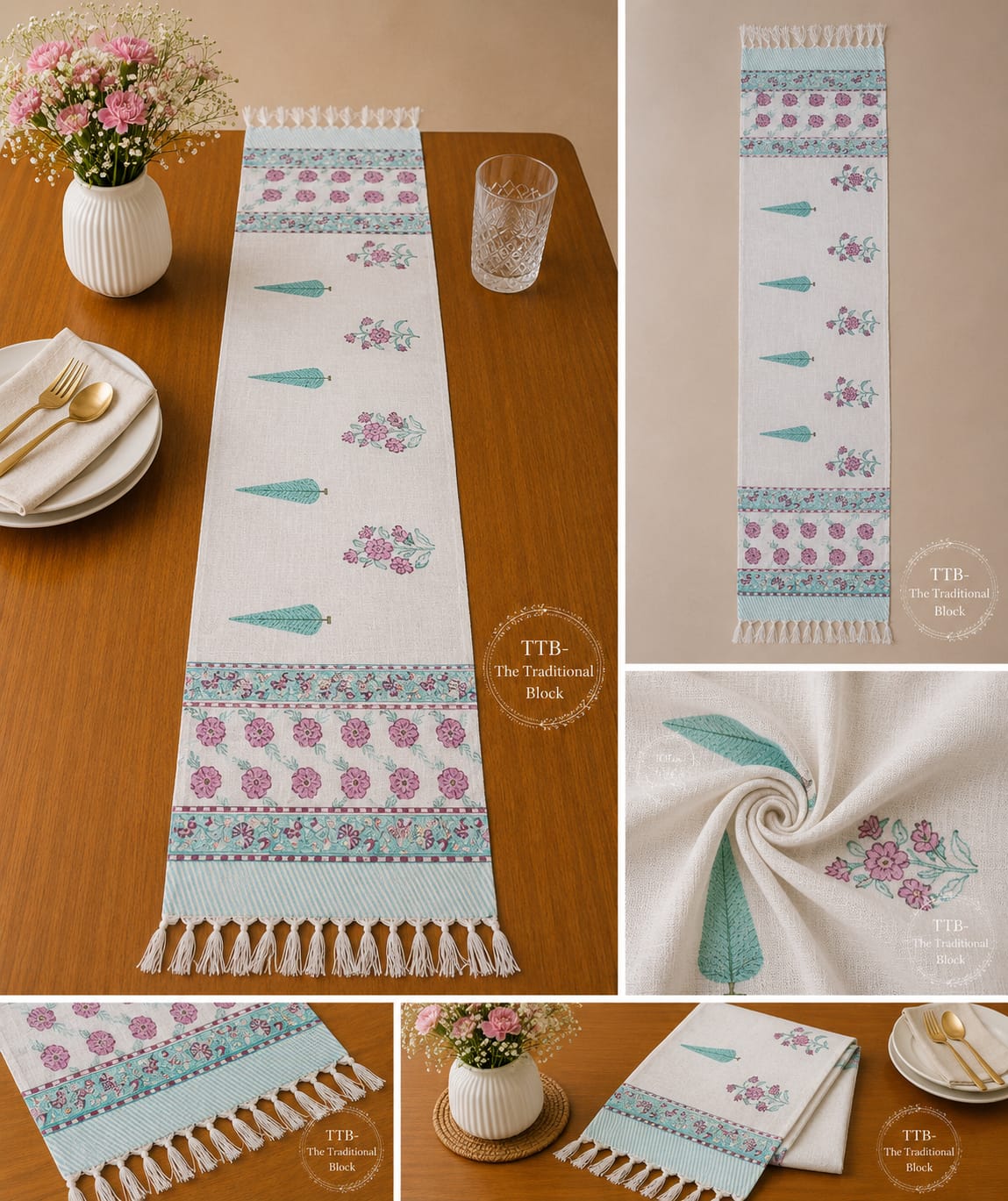 Gulabi Neel Bagh Floral Table Runner