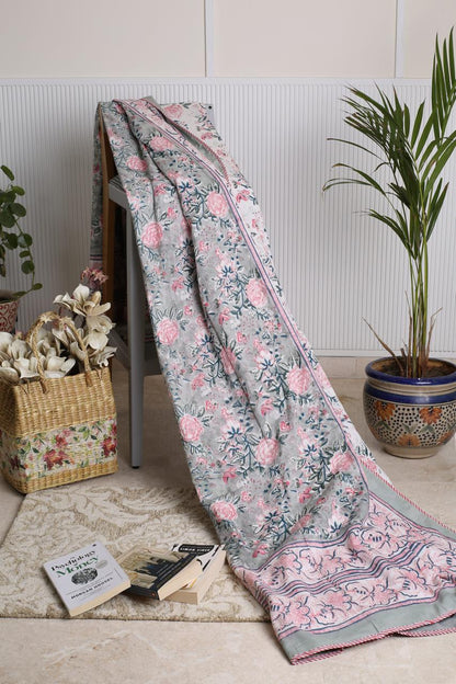 Pastel Grey & Pink floral Dohar (Double Bed)
