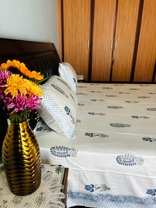 Glace Cotton Premium Bed Cover :Pastel Blue Color Flower Motifs