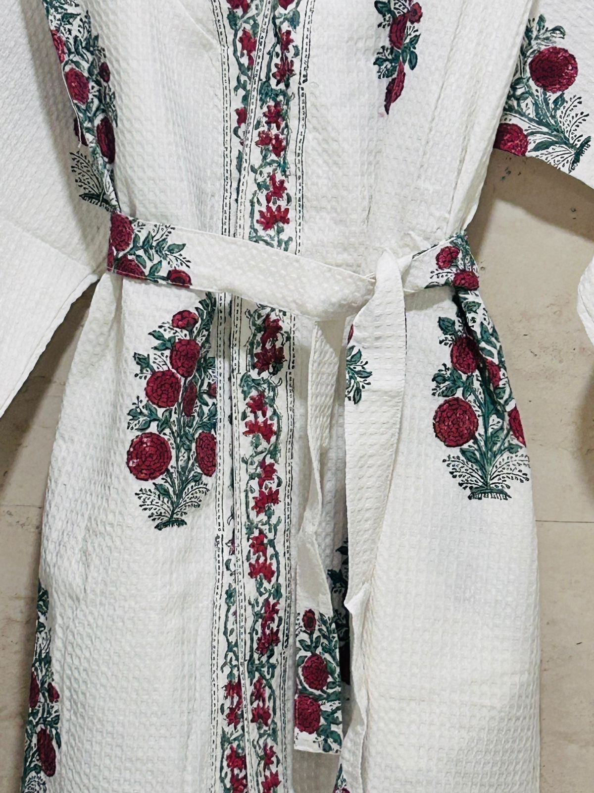 Crimson Bloom Waffle Cotton Bath Robe