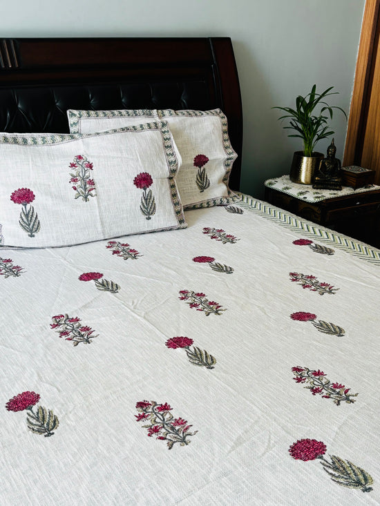 Double Bed Cover: Jute Cotton Crimson &  Sap Green Floral Design