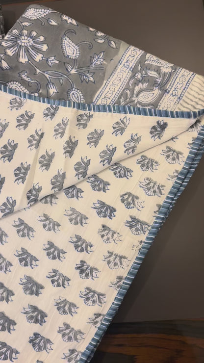 Indigo Grey Bloom  Reversible Dohar Set (Set of 2)