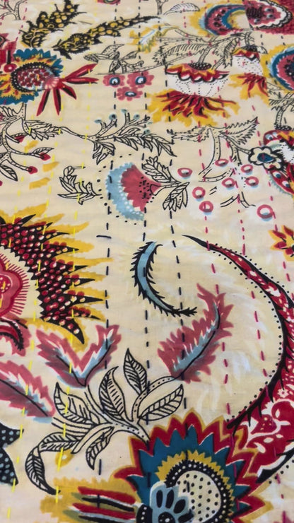 Botanical Bloom Kantha Bed Cover